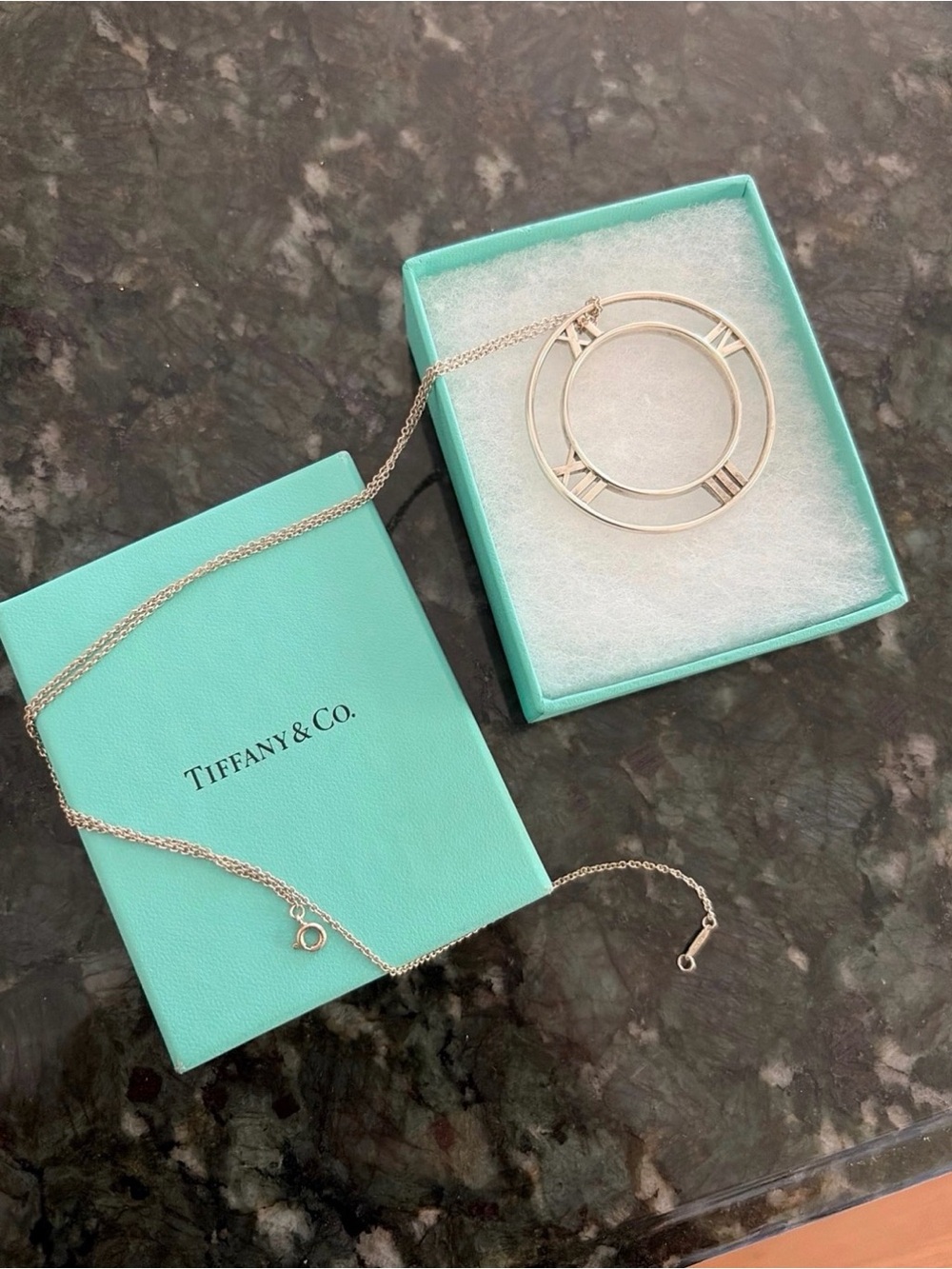 Tiffany & Co Silver Atlas Roman Numeral 1.2 Inch Pendant 18 Inch Necklace